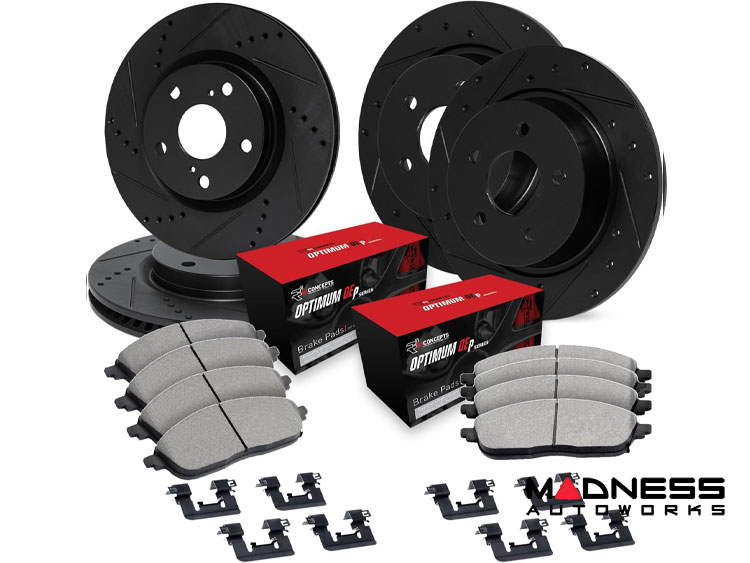 Jeep Renegade Brake Kit - Front +  Rear - R1 Concepts - Optimum OEp Brake Pads - eLINE Black Drilled + Slotted Rotors